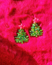 Load image into Gallery viewer, Green &amp; Pink Christmas Tree Earrings - OOAK
