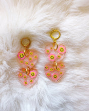 Load image into Gallery viewer, Pink Smiley Daisy 2-Heart Isla Earrings - OOAK
