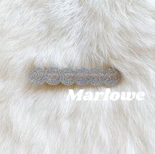 Load image into Gallery viewer, Handmade holographic silver resin scalloped bar shaped hair clip.
