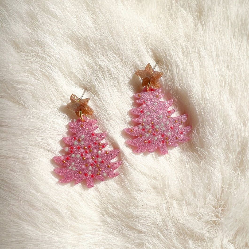 Pink Christmas Tree Earrings